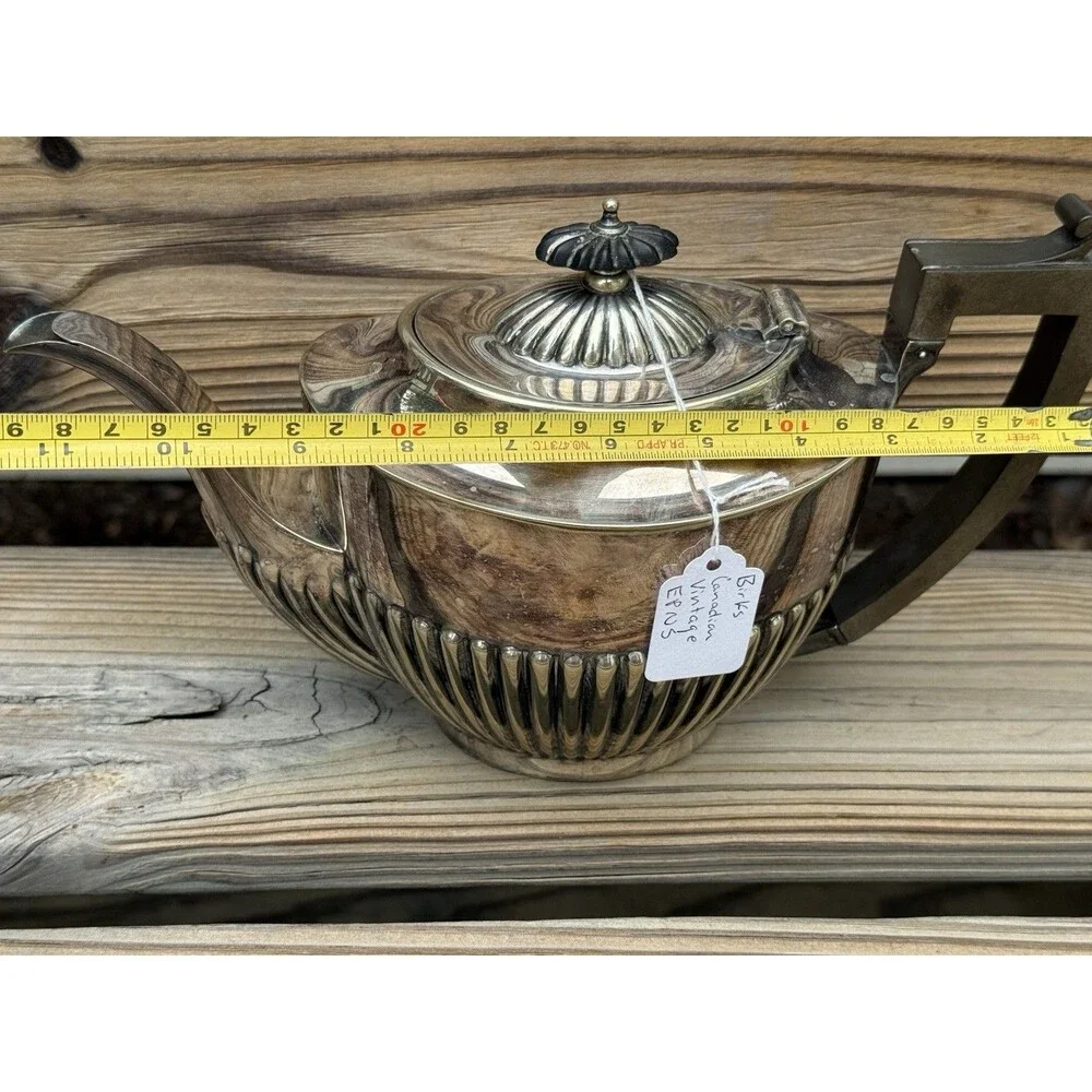 Vintage Birks EPNS Silverplate Art Deco Fluted Teapot Black Handle Canada Tea Po